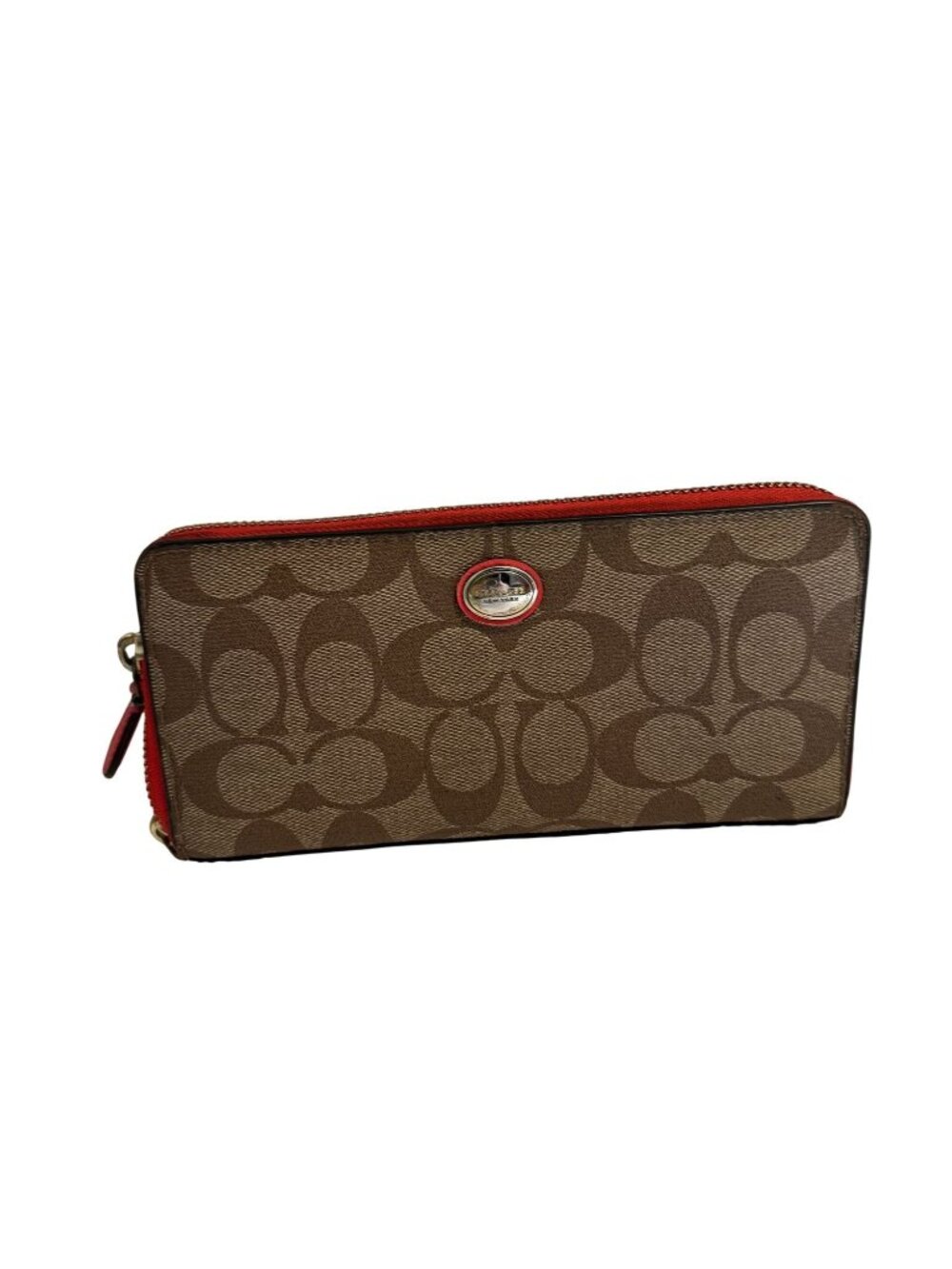Coach Peyton Signature Accordion Slim Zipper Monogram Wallet Tan Red [jb]